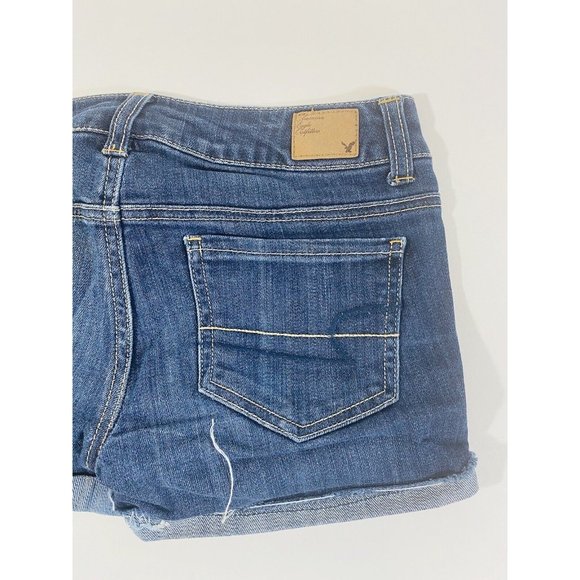 American Eagle Womens Jean Shorts Sz 2 Stretch Denim Cuffed Booty Mini Raw Hem - Picture 6 of 8